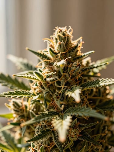 Macro close-up of pristine cannabis flower showing glowing trichomes under warm, directional natural window light, shallow depth of field.