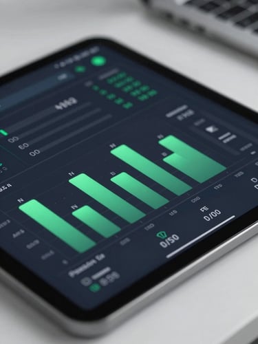 Macro shot of a high-resolution dark mode data dashboard showing clean green conversion charts, cool studio light, shallow depth of field
