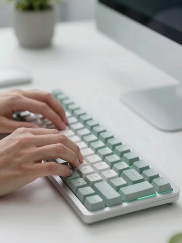 Close-up of clean modern workspace, hands on mechanical keyboard, cool studio light with subtle green accents, shallow depth of field