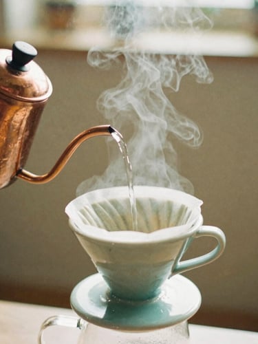 Close-up of hand pouring hot water from a copper kettle into a ceramic V60 dripper, soft morning light, steam rising, natural oak background, 35mm film style