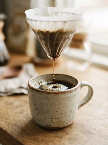 Close-up macro shot of pour-over coffee dripping slowly into a ceramic cup, soft morning daylight, natural oak and oatmeal tones, shallow depth of field, 35mm film