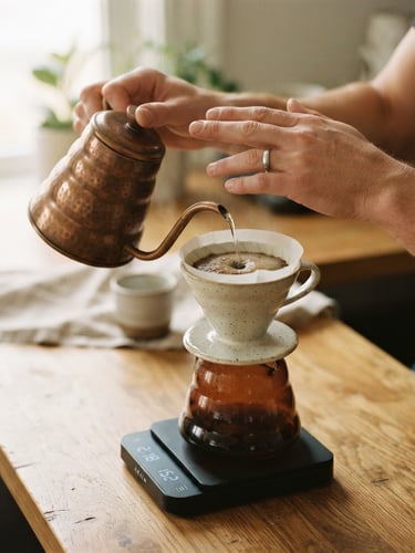 Close-up of hands pouring hot water from a copper kettle into a ceramic dripper, soft morning daylight, natural oak counter, shallow depth of field, warm 35mm film aesthetic
