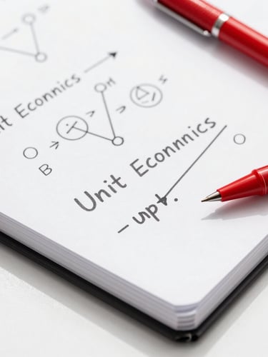 Macro overhead shot of a clean modern desk with a notebook displaying hand-drawn unit economics formulas, sharp shadows, high-key studio lighting, red pen accents