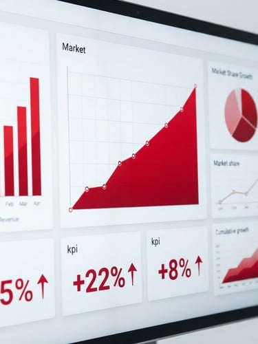 Clean analytical dashboard showing upward trends, crisp commercial photography, bright high-key studio lighting, high-contrast red and white accents, sharp focus, 35mm lens.