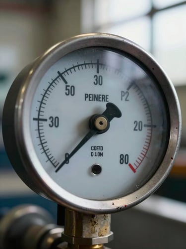 Extreme close-up of an analog pressure gauge mid-reading, needle resting just below the red zone, worn steel housing with paint chips and grease marks, hard side light from a factory window cutting across the dial face
