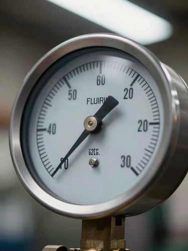 Extreme close-up of an industrial pressure gauge mid-reading on heavy machinery, fluorescent shop light raking across the dial face, high contrast, steel housing visible at frame edges