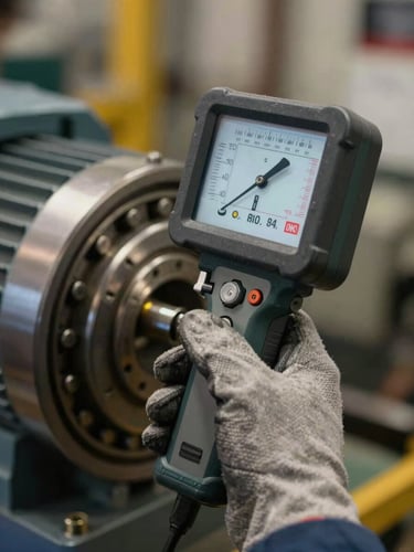 Extreme close-up of a technician's gloved hands holding a handheld vibration analyzer pressed against a bearing housing on an industrial motor, instrument display showing numerical readings, hard ambient factory light, no warm grading, sharp focus on the instrument face
