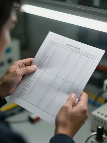 Close-up of a technician's hands holding a printed sensor data report under harsh fluorescent shop light, columns of readings visible on the page, industrial floor blurred in background