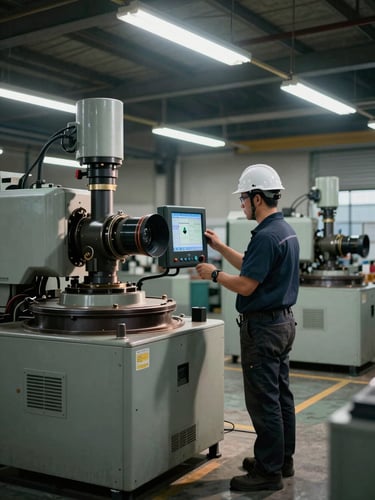 Wide shot from factory floor level — a field technician in a hard hat reviewing a sensor readout display mounted on heavy rotating equipment, fluorescent shop lighting overhead casting hard shadows, machinery filling the background, documentary framing with no posed elements