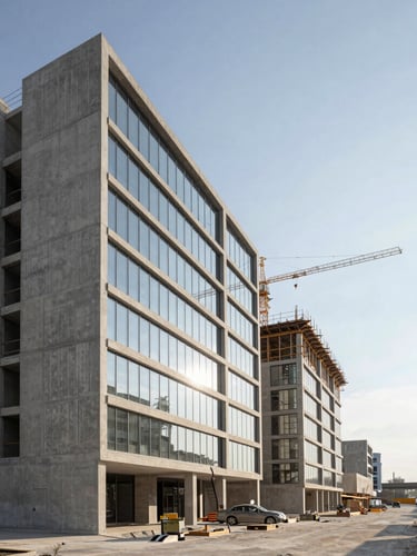 Wide-angle architectural shot of a modern concrete and glass commercial development under construction, sharp daylight casting geometric shadows, crane visible against a clear sky, negative space on the right.