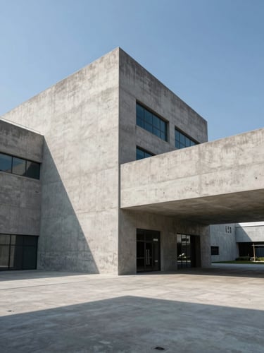 Wide-angle architectural daylight shot of a modern concrete industrial factory with sharp geometric lines and high-contrast daylight shadows.