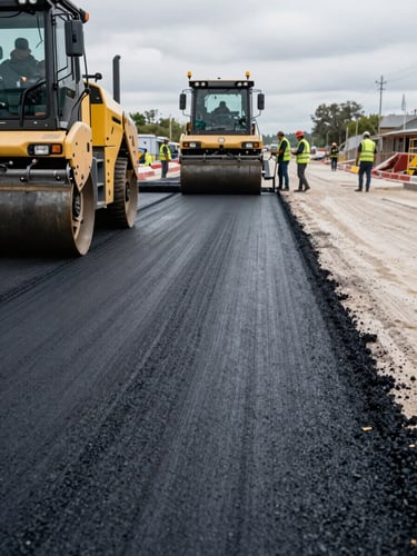 Wide panoramic active road construction site, asphalt paving machine laying fresh dark surface in the left foreground, crew in high-visibility vests operating compaction roller in mid-ground, overcast natural daylight eliminating harsh shadows, aggregate texture clearly visible in the freshly laid strip, open site horizon to the right