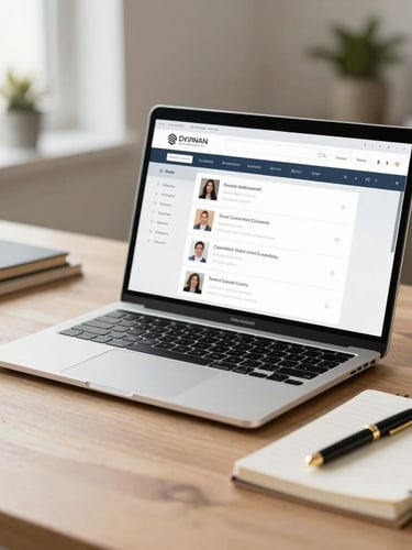 A bright, naturally lit modern home office desk with a laptop displaying a secure client dashboard, neat notebook, and a gold pen, soft focus background