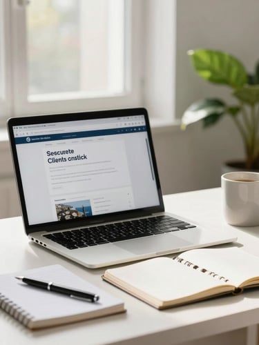 A bright, clean home office desk with an open laptop displaying a secure client portal, a neat notebook with a pen, and a ceramic mug, bathed in soft morning window light with a green houseplant in the background.
