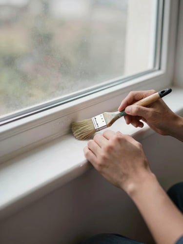 Wide shot of a painter's hands applying a detail brush along a baseboard edge under soft overcast window light, precise technique visible, clean white surface against a dark trim, no faces shown