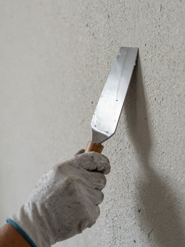 Close-up of a painter's gloved hand pressing a wide putty knife flat against a rough plaster wall, soft overcast natural daylight, surface imperfections visible under the blade, fine dust particles caught in the light