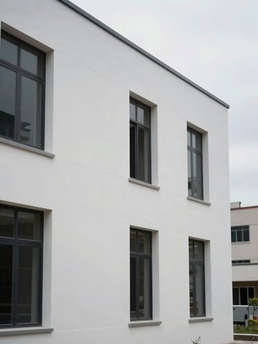 Wide environmental shot of a freshly completed exterior building facade under soft overcast daylight, clean even paint coat revealing crisp edges and no brush marks, urban context softly out of focus in background