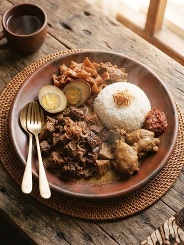 Overhead flat-lay of a freshly plated Javanese Gudeg set on a rustic wooden dining table, steam rising gently, warm window side-light illuminating the rich textures of jackfruit and duck egg, 35mm food photography.