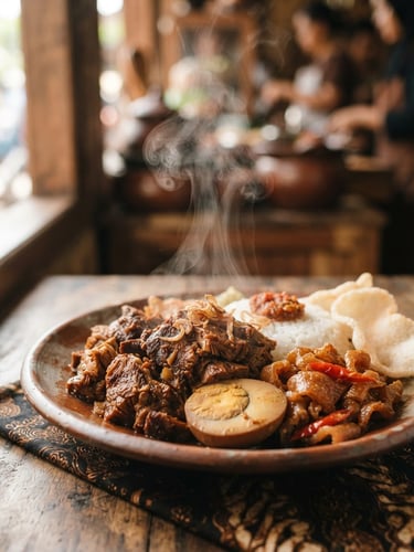 Warm editorial food photography, close-up of steam rising from a freshly plated traditional Gudeg set with jackfruit and egg, soft side window light, shallow depth of field, 35mm