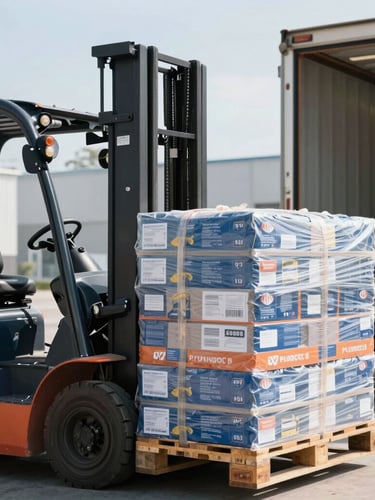 Close-up of a forklift loading a tightly wrapped pallet of retail goods onto a shipping truck, bright daylight pouring through the open loading dock doors, crisp focus.