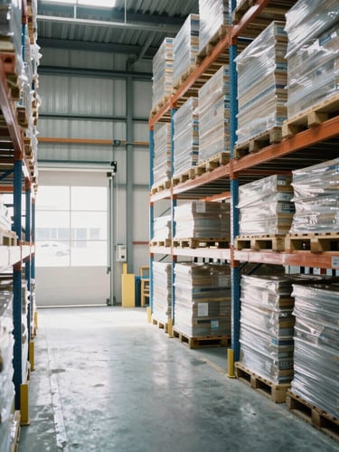 Wide-angle crisp industrial photography of organized warehouse bays, stacked pallets on high steel racks, bright natural daylight through loading dock doors, 35mm