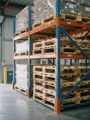 Vertical composition of organized warehouse bays with high steel racks, stacked wooden pallets ready for dispatch, bright natural daylight streaming through open loading dock doors, crisp industrial photography, 35mm