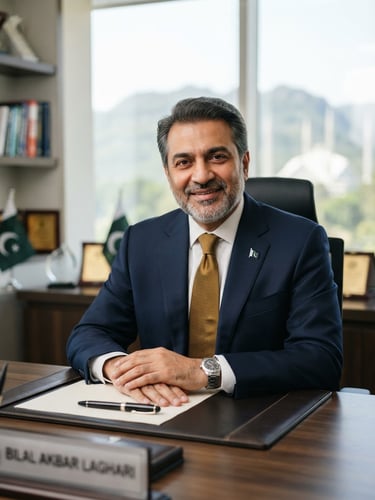 Professional portrait of Bilal Akbar Laghari in formal dark suit and gold tie, bright natural office light, executive chambers in Islamabad, 50mm lens.