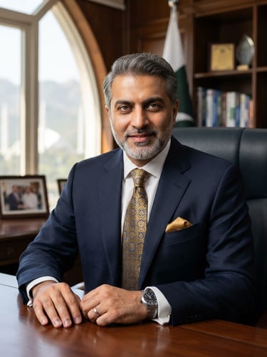 Professional portrait of Bilal Akbar Laghari in formal dark business attire, sharp focus, bright natural office light, executive chambers in Islamabad, 50mm lens.