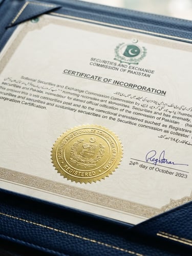A close-up of a signed Pakistani SECP incorporation certificate with a metallic gold seal on a deep navy leather folder, natural executive office lighting, 50mm lens.