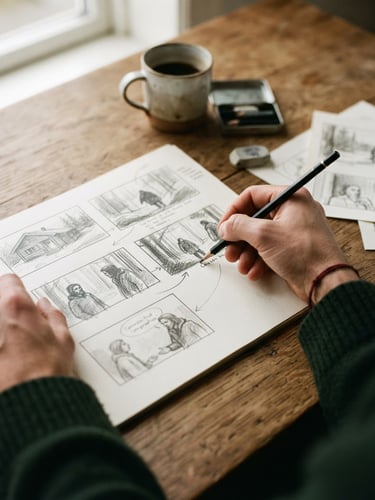 Close-up of hands sketching a storyboard on a wooden table, warm editorial photography, soft Scandinavian overcast daylight, deep crimson and forest green tones, 35mm film