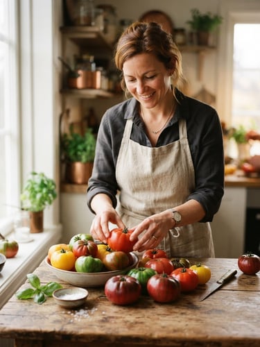 An editorial portrait of a chef in a linen apron arranging fresh heirloom tomatoes on a rustic wooden table, soft overcast daylight from a side window, warm tones, 35mm film.
