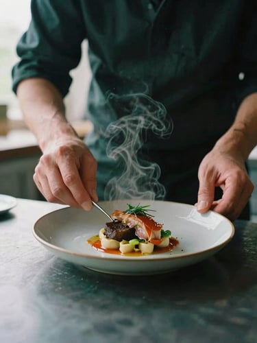 A chef's hands carefully plating a dish in a moody, natural-light kitchen, steam rising, warm editorial photography, soft Scandinavian overcast daylight, 35mm film