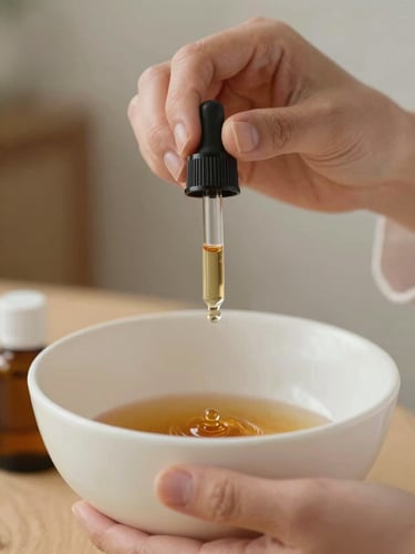 Close-up of a certified aromatherapist's hands carefully dropping amber essential oil from a glass dropper into a small blending bowl, soft natural light, warm background.