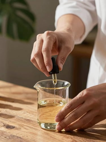 Close-up of a professional aromatherapist's hands gently blending essential oils in a clear glass beaker, warm afternoon sunlight casting soft shadows on a rustic wooden table, natural botanical leaves in the background.