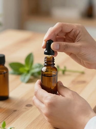 Close-up of therapist hands gently blending essential oils in a warm, sunlit wooden studio, soft focus on amber glass bottles and fresh green herbs