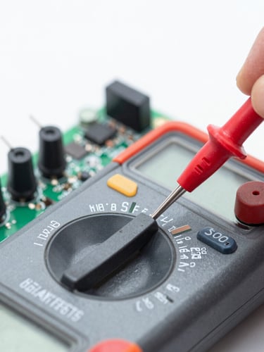 Macro shot of a digital multimeter testing a clean circuit board, cool daylight-balanced work light, sharp focus, 50mm