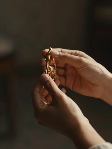 Close-up of hands holding heirloom gold jewelry, warm dramatic backlighting, shallow depth of field, cinematic wedding details