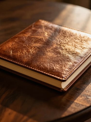 Close-up of a luxurious thick-paged leather-bound wedding album resting on a dark walnut table, golden hour light catching the textured grain of the leather, shallow depth of field
