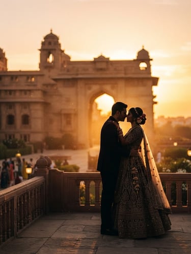 Anamorphic cinematic wedding portrait, dramatic golden hour backlighting, bride and groom silhouetted against a grand heritage palace, soft dust particles in the air, shallow depth of field.