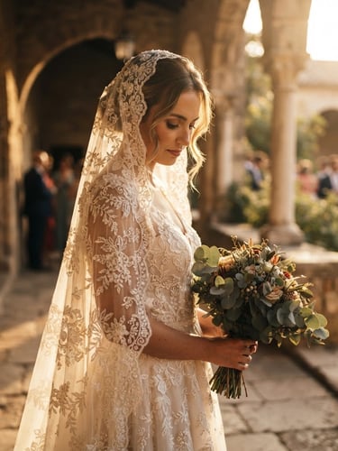 Wide portrait composition, dramatic side lighting, elegant bride in an embroidered veil looking down, shallow depth of field, 35mm anamorphic lens.