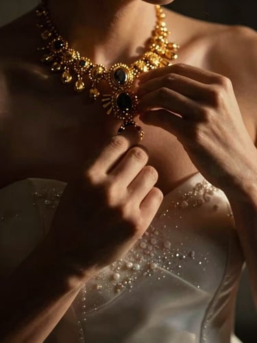 Intimate close-up of a bride's hands adjusting heavy gold jewelry, shallow depth of field, rich deep shadows, dramatic side lighting, 35mm anamorphic look.