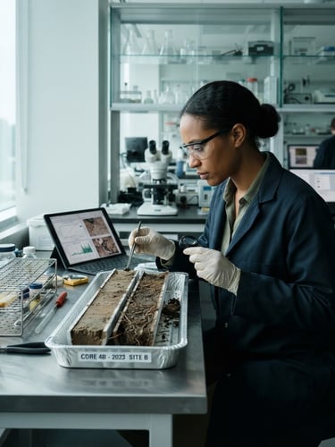 Crisp editorial documentary photograph of a climate scientist in a high-tech laboratory analyzing soil core samples, cool diffused daylight, clinical precision.