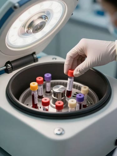 Close-up of gloved hands loading blood specimen tubes into a centrifuge rotor under clinical fluorescent light, steel housing sharp in focus, tubes labeled and color-coded