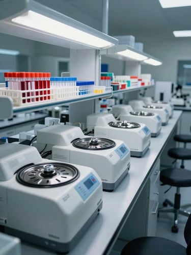 Overhead wide shot of an organized clinical laboratory bench, centrifuge and specimen racks in precise rows under bright fluorescent light, blood collection tubes upright left of frame, clinical white and steel surfaces, no people visible