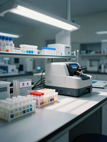 Wide shot of an organized clinical laboratory bench with labeled specimen racks, an automated hematology analyzer in the background, and bright fluorescent overhead lighting casting sharp shadows across stainless steel surfaces