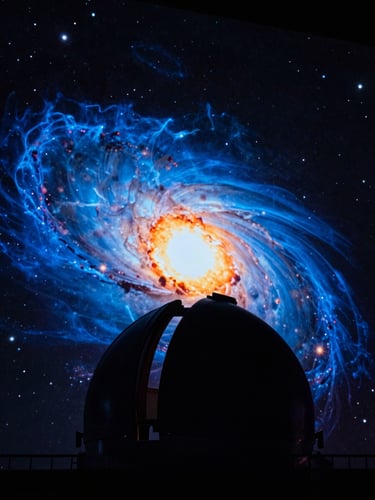 A dramatic low-angle shot of a planetarium projector system silhouetted against a deep space nebula projection, electric blue and solar orange backlighting, cinematic photography