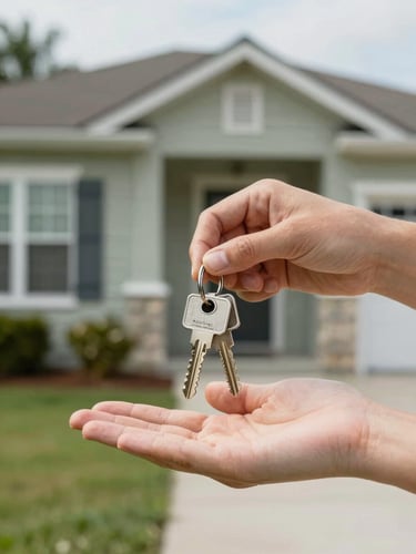 Close-up of house keys being handed over in front of a modest Florida home exterior, bright natural daylight, honest eye-level shot