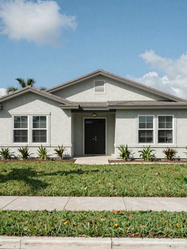 Straight-on eye-level view of a modest ranch-style stucco home in New Port Richey, bright Florida daylight, clean lawn, honest neighborhood feel