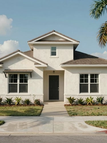 A straight-on, honest eye-level shot of a modest stucco ranch-style home in Pasco County, Florida, under bright natural daylight, clean and quiet scene.