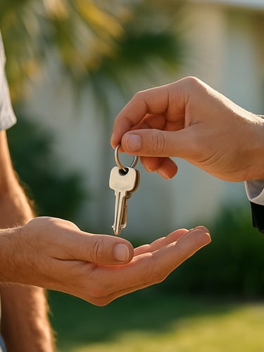 Close-up shot of a homeowner handing over house keys to a professional buyer, bright natural Florida daylight, clean composition.
